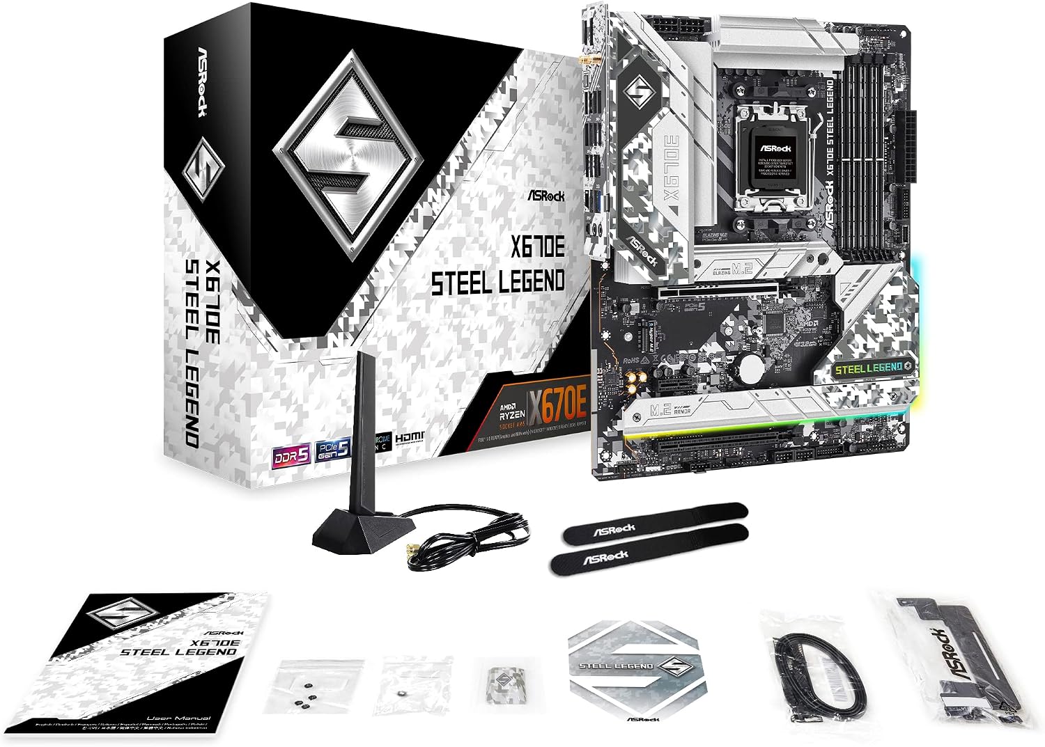 ASRock X670E STEEL LEGEND, AMD X670, AM5, ATX, 4 DDR5, HDMI, DP, Wi-Fi 6E, GB & 2.5G LAN, PCIe5, RGB, 4x M.2
