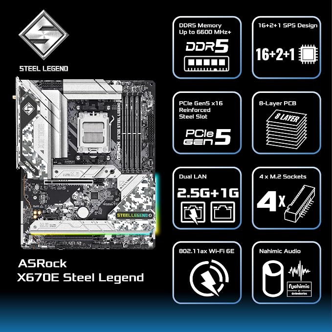 ASRock X670E STEEL LEGEND, AMD X670, AM5, ATX, 4 DDR5, HDMI, DP, Wi-Fi 6E, GB & 2.5G LAN, PCIe5, RGB, 4x M.2