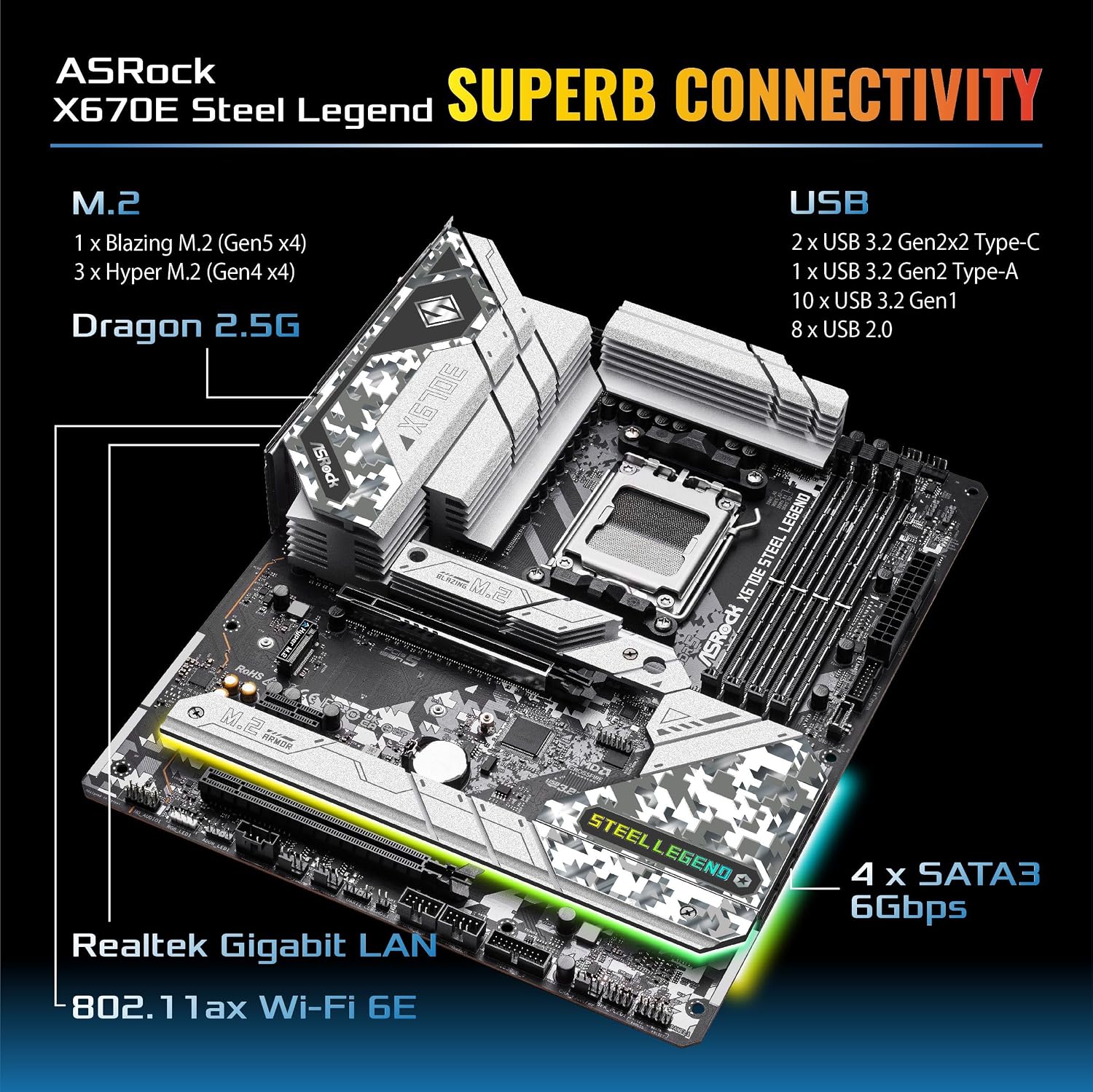 ASRock X670E STEEL LEGEND, AMD X670, AM5, ATX, 4 DDR5, HDMI, DP, Wi-Fi 6E, GB & 2.5G LAN, PCIe5, RGB, 4x M.2